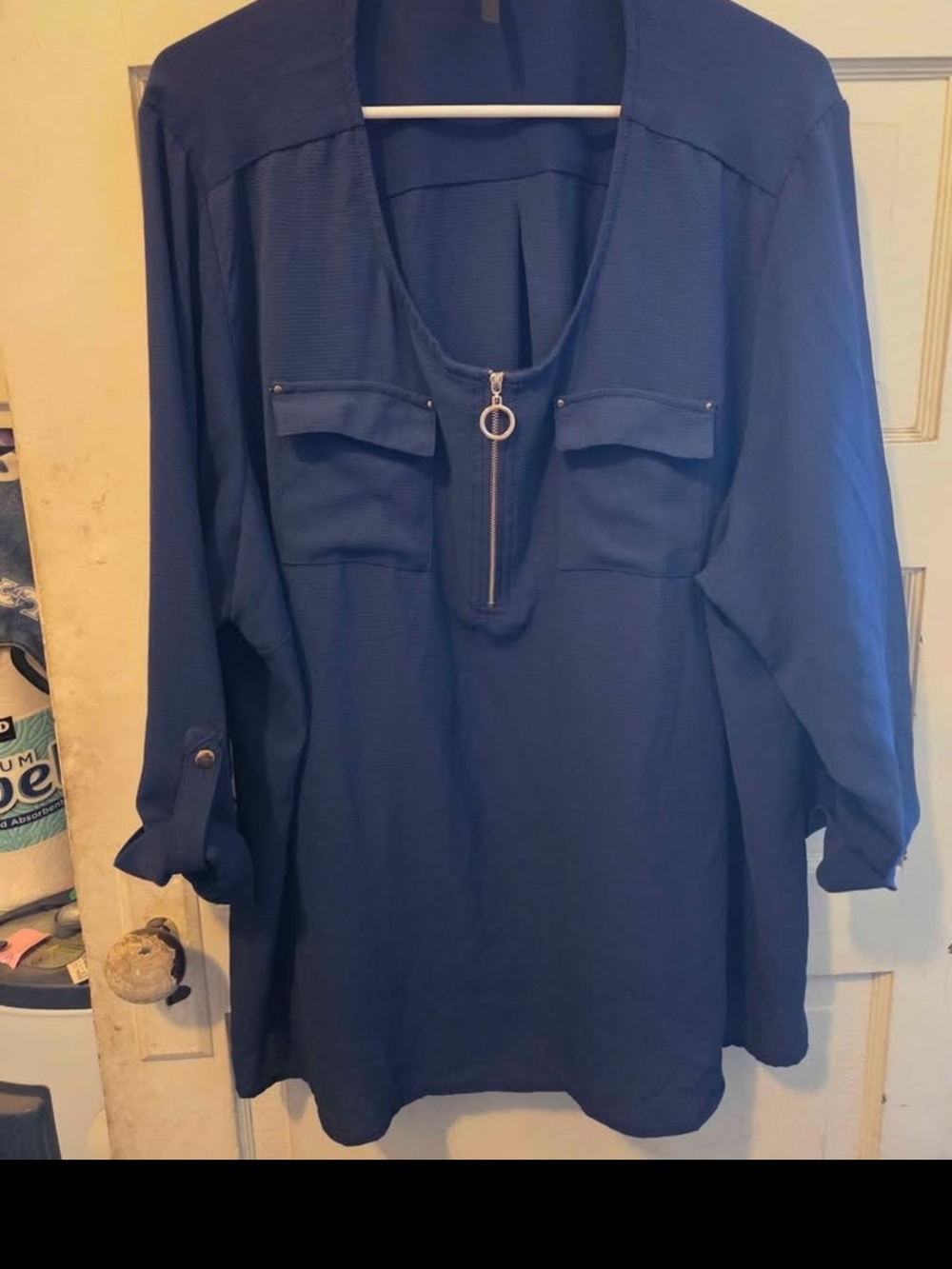 Women's Navy Zip-Front Long Sleeve Blouse